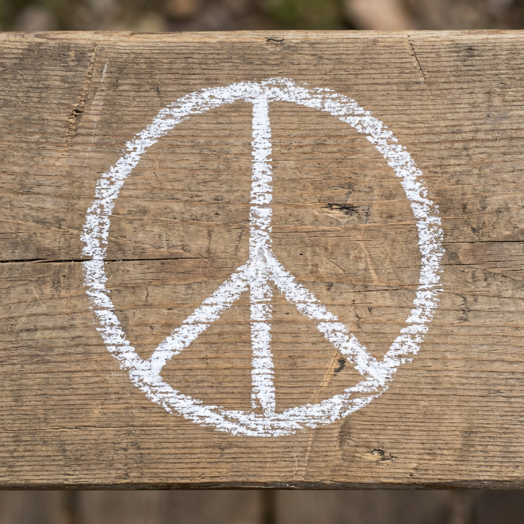 White chalk peace sign drawn on brown wooden plank.