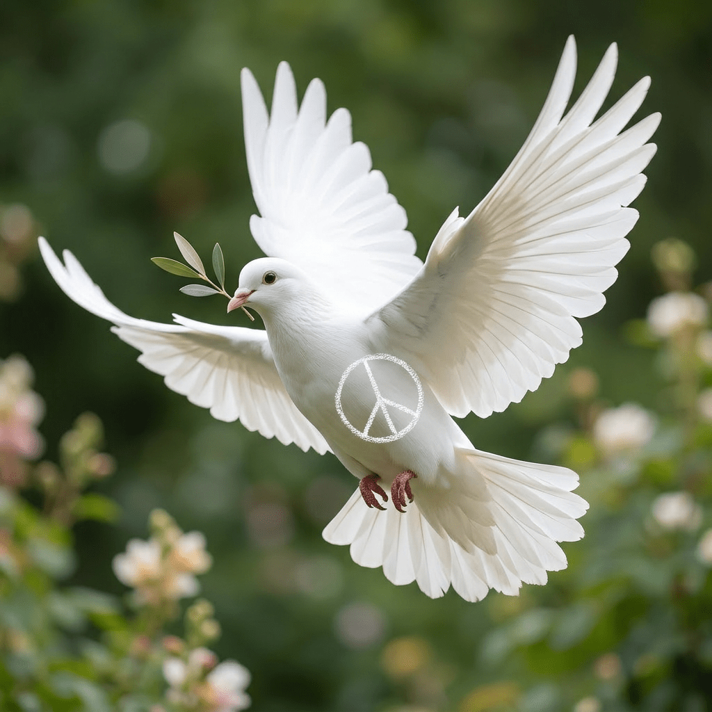 White dove flying with olive branch in beak and peace sign on chest